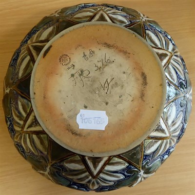 Lot 2002 - A Doulton Lambeth Stoneware Lobed Bowl, by Frank A Butler, in tones of blue, green and brown,...