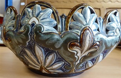 Lot 2002 - A Doulton Lambeth Stoneware Lobed Bowl, by Frank A Butler, in tones of blue, green and brown,...