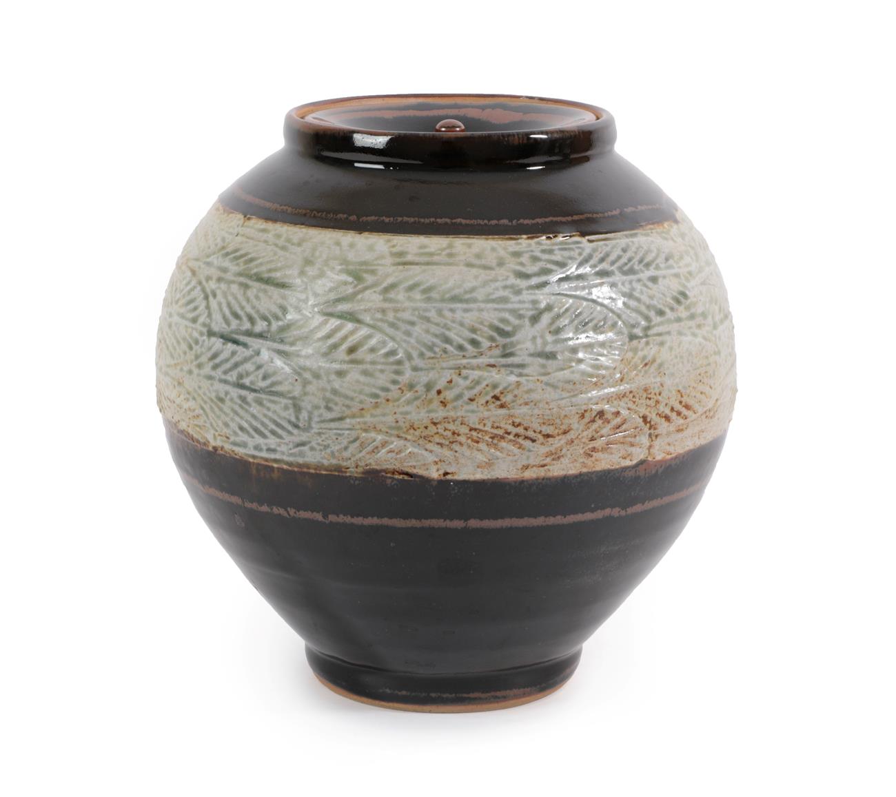 Lot 2006 - David Frith (b.1943): A Stoneware Ginger Jar and Cover, tenmoku glaze with a band of feathers...