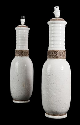 Lot 2017 - A Pair of Mid Century Italian Pottery Lamps, probably designed by Ugo Zaccagnini, white pitted...