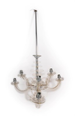 Lot 2033 - An Art Deco Clear Pespex Three-Branch Light Fitting, made of circular discs with cut circular...