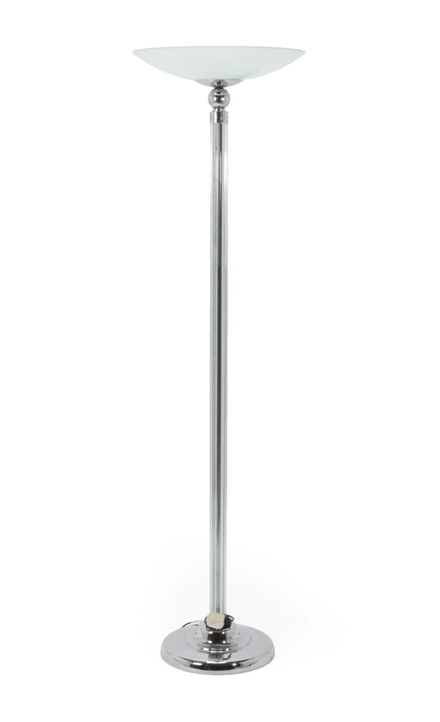 Lot 2034 - A Contemporary Art Deco Style Chrome and Pillar Glass Uplighter Floor Lamp, with frosted glass...