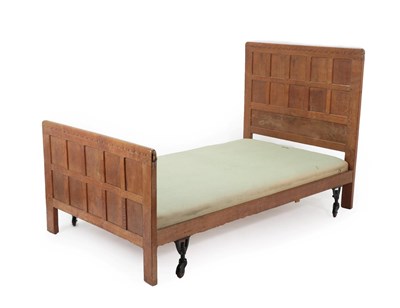 Lot 2042 - Robert Mouseman Thompson (1876-1955): A Pair of English Oak 3' 6'' Bedsteads, 1930's, each with...