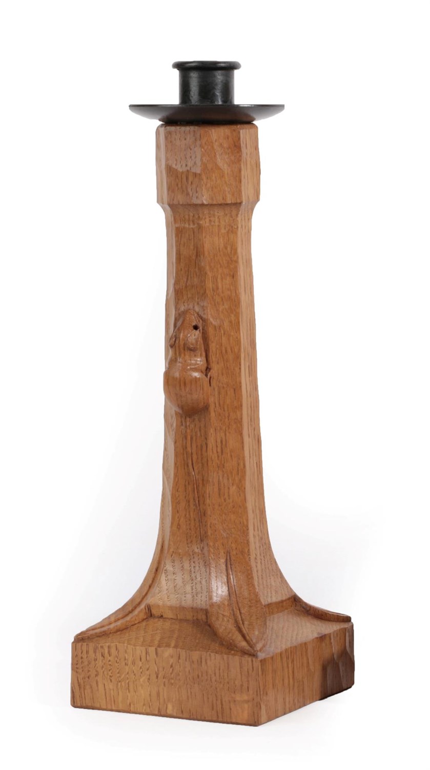 Lot 2063 - Workshop of Robert Mouseman Thompson (Kilburn): An English Oak Candlestick, with wrought iron...