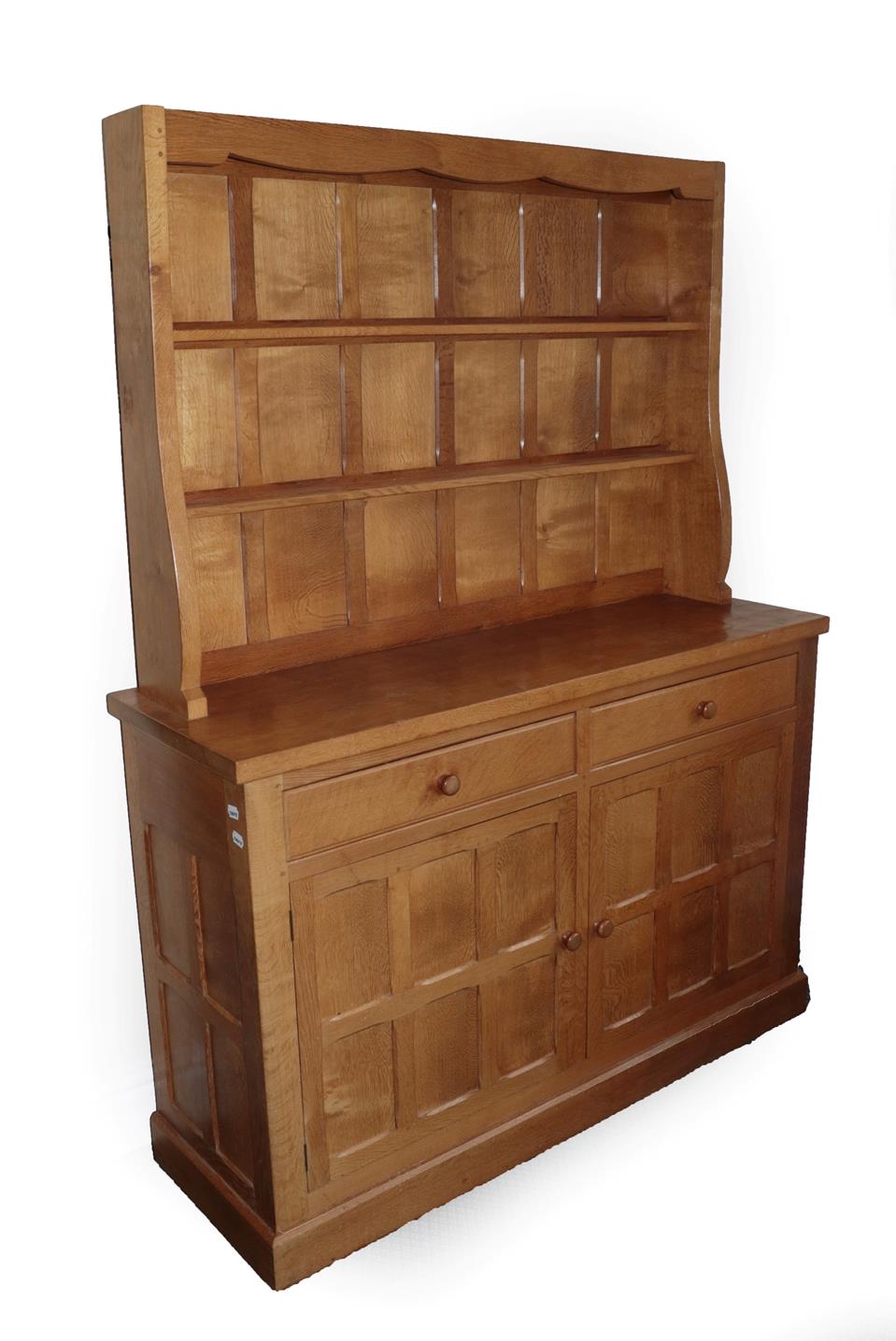 Lot 2076 - Cat and Mouseman: A Lyndon Hammell (Harmby) Panelled English Oak Dresser, the upper section...