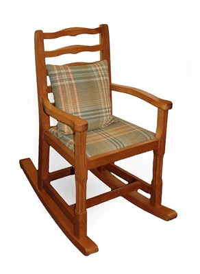 Lot 2076D - Cat and Mouseman: A Lyndon Hammell (Harmby) English Oak Ladder Back Rocking Chair, drop-in seat, on