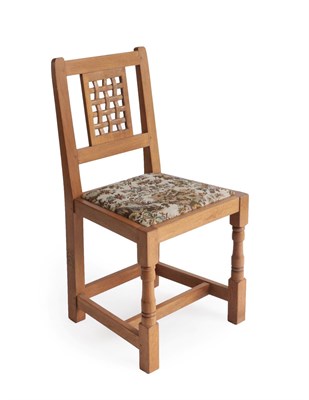 Lot 2079 - Cat and Mouseman: A Lyndon Hammell (Harmby): English Oak Lattice Back Chair, tapestry seat, on...