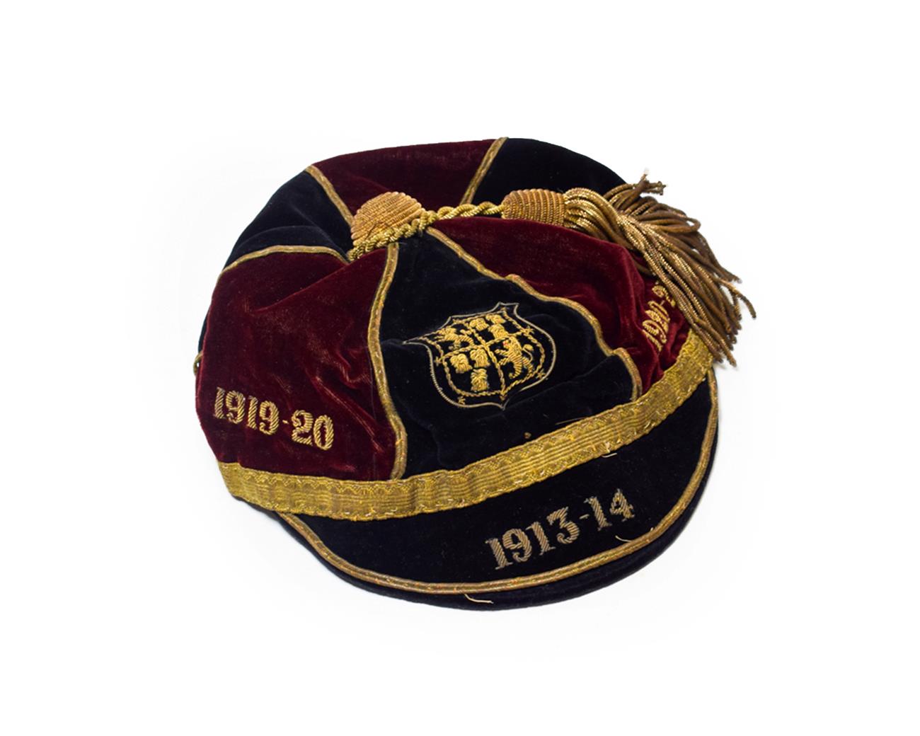 Lot 3002 - Rugby Cap maroon/black with lion and wheat sheaf badge, embroidered '1913-14' to brim and...