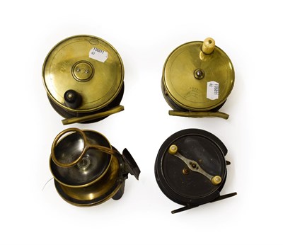 Lot 3011 - A Hardy Silex 4'' Dia Reel with rim cut out and ivorine handle and three further reels, a Jones 4''