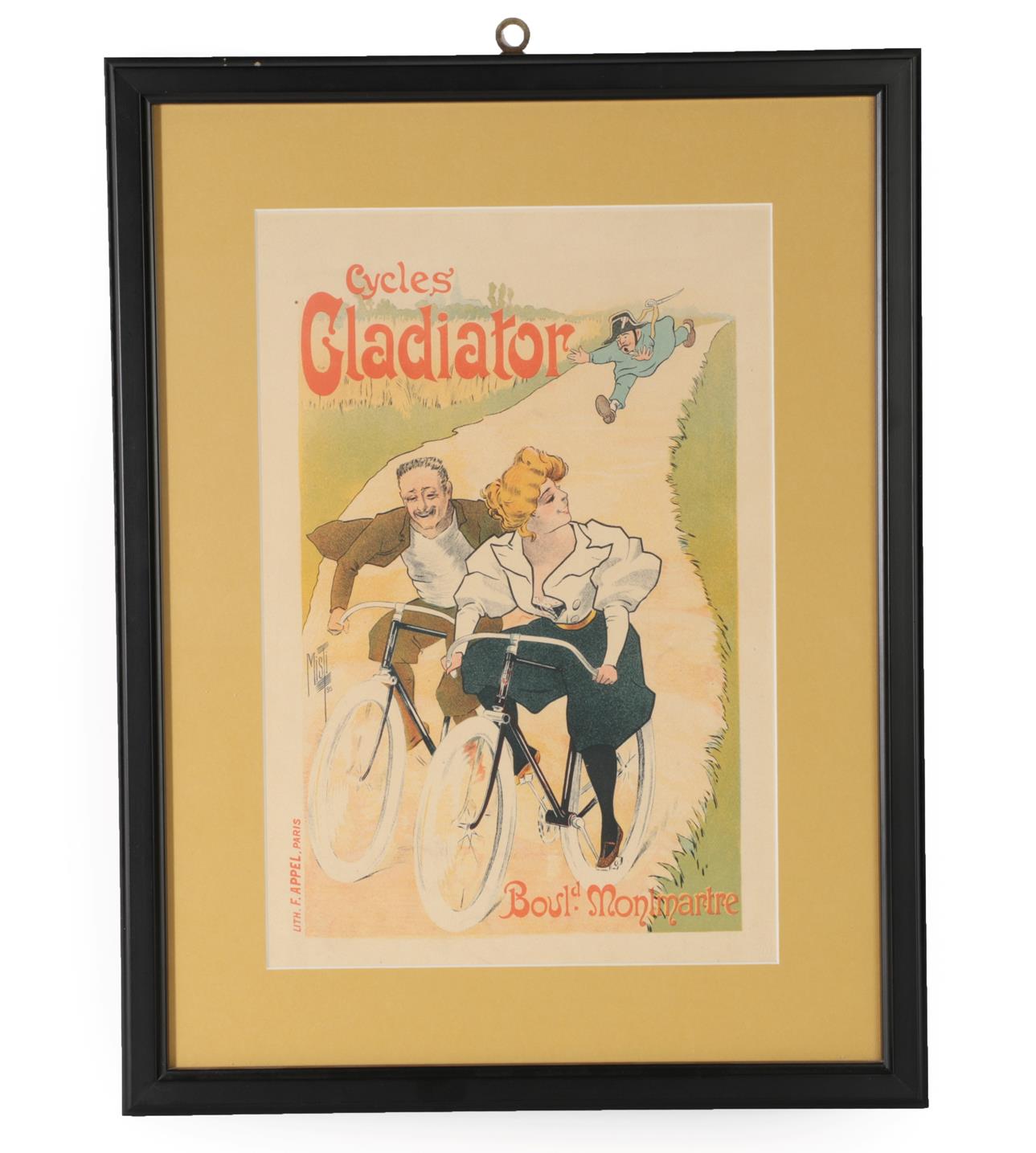 Lot 3039 - Cycles Gladiator Poster depicting a lady and gent pursued by a military gent in a nightshirt,...