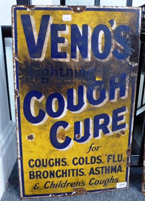 Lot 3042 - Venos Lightning Cough Cure Enamel Advertising Signs blue lettering on yellow ground (all F-P)...
