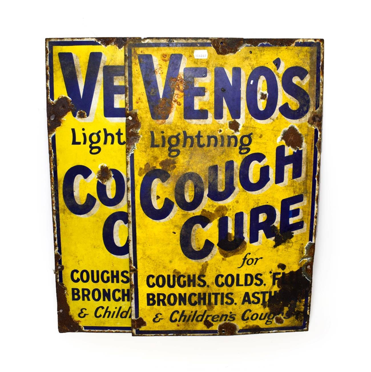 Lot 3043 - Venos Lightning Cough Cure Enamel Advertising Signs blue lettering on yellow ground (both F)...
