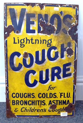 Lot 3043 - Venos Lightning Cough Cure Enamel Advertising Signs blue lettering on yellow ground (both F)...