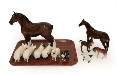 Lot 175 - Beswick Animals Comprising: a shire horse, foal, two pigs, sheep, lambs and a collie (qty)