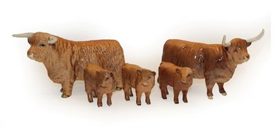 Lot 196 - Beswick Cattle Comprising: Highland Bull, model No. 2008, Highland Cow, model No. 1740 and...