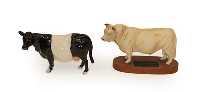 Lot 198 - Beswick Connoisseur Charolais Bull, on wooden plinth, model No. A2463A; together with Belted...