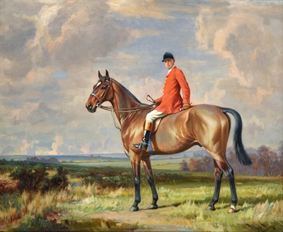 Lot 1073 - Wright Barker RBA (1864-1941) Bay hunter with Harry Land up, standing in an extensive landscape...