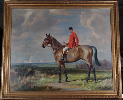 Lot 1073 - Wright Barker RBA (1864-1941) Bay hunter with Harry Land up, standing in an extensive landscape...