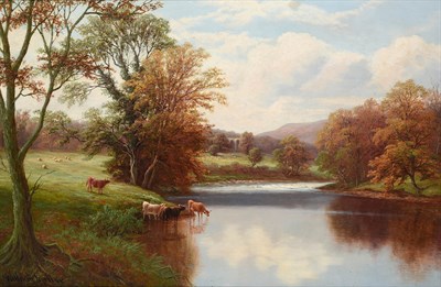 Lot 1058 - William Mellor (1851-1931) Cattle watering at Bolton Abbey Signed, oil on canvas, 49cm by...