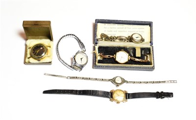 Lot 523 - An 18ct gold lady's wristwatch, a 9ct gold lady's wristwatch and four other watched (6)