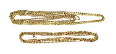 Lot 529 - A guard chain, stamped '9C', length 144cm; another fancy link necklace, length 98cm; and a...