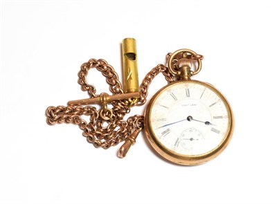 Lot 547 - A 9 carat gold open face pocket watch signed Waltham, 1927, with attached 9 carat gold watch chain