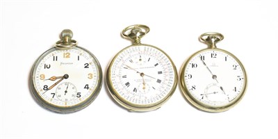Lot 549 - A nickel plated Omega open faced pocket watch; a nickel plated single push chronograph pocket...