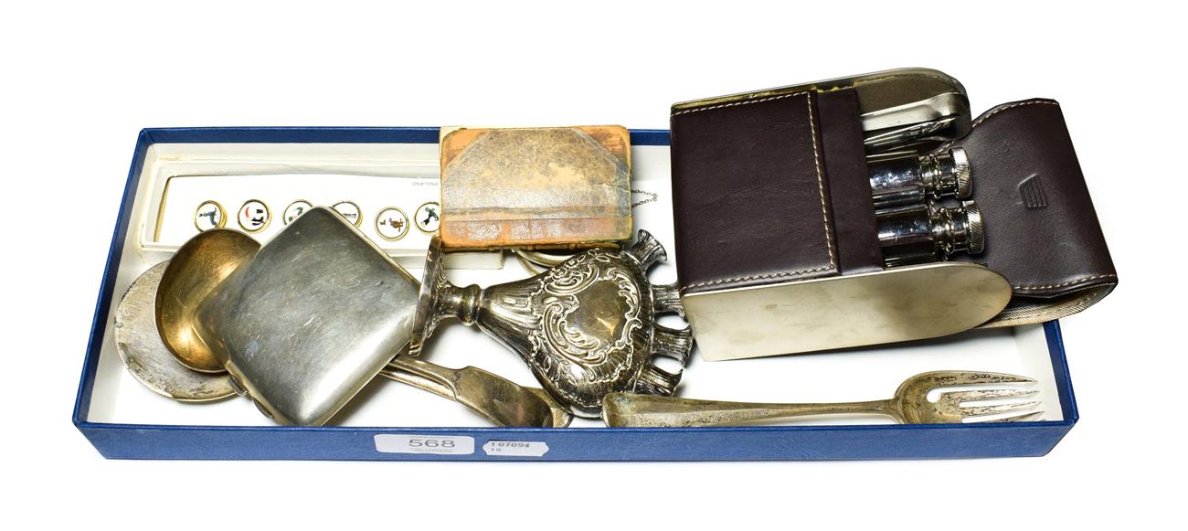 Lot 568 - A small quantity of silver, a cased mixing set, a boxed set of Guinness gilt metal lapel...