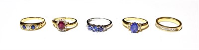 Lot 580 - An 18 carat gold diamond half hoop ring, finger size L1/2; a sapphire and diamond five stone...