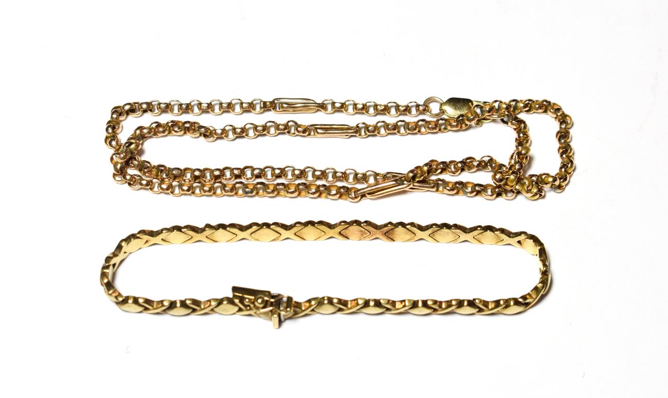 Lot 589 - A fancy link bracelet, stamped '375', length 18.7cm; and a necklace, stamped '375', length 46cm