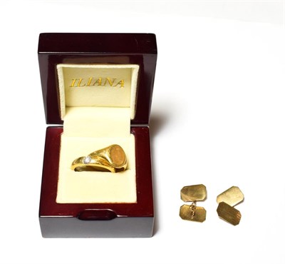 Lot 591 - A pair of 9 carat gold cufflinks; a diamond solitaire ring, stamped '18K', finger size Z; and a...