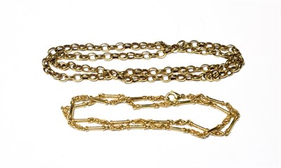 Lot 593 - A fancy link chain, stamped '375', length 49cm; and a trace link chain, unmarked, length 60cm
