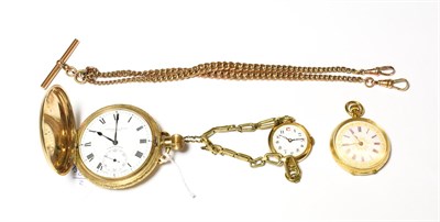 Lot 596 - A gold plated full hunter pocket watch, plated curb link watch chain, 9 carat gold lady's...