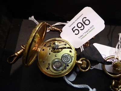 Lot 596 - A gold plated full hunter pocket watch, plated curb link watch chain, 9 carat gold lady's...