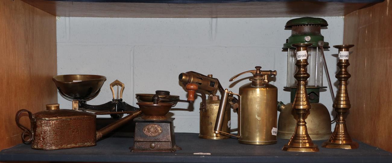 Lot 622 - Lantern, scales, blow torches, Kenrick & Sons coffee grinder