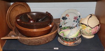 Lot 624 - Four treen large bowls, a vegetable chopper and two darning mushrooms, two Chinese porcelain...