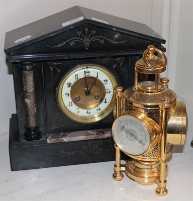 Lot 629 - A Victorian slate and marble striking mantle clock and a modern gilt metal com pendulum...