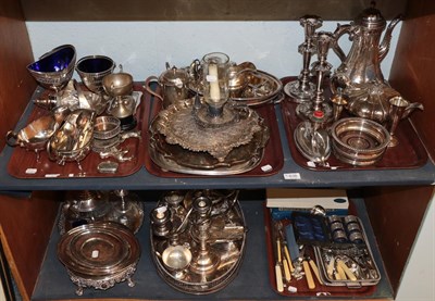 Lot 638 - A large collection of silver plated items including: trays, tea and other hollow wares, candelabra