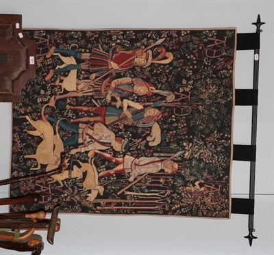 Lot 656 - A Medieval style hanging tapestry, by Hines of Oxford, machine made, with pole; together with a...
