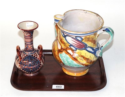 Lot 660 - A mid-20th century Cantagalli pottery twin handled lustre vase together with an Italian pottery jug