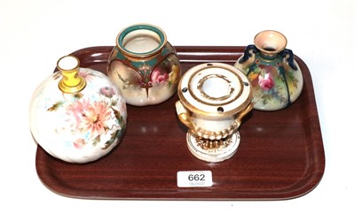 Lot 662 - A Royal Crown Derby vase, a Royal Crown Derby ink well, a Royal Worcester vase and a Hadley's...