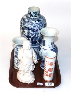 Lot 664 - Chinese porcelain comprising a blanc de chine figure of Buddah, three various blue and white...