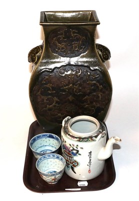Lot 671 - Green glazed Chinese vase, two Chinese bowls and a Chinese teapot lacking cover