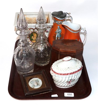 Lot 692 - A George III inlaid mahogany tea caddy, porcelain caddy of similar date, two Wedgwood jugs,...