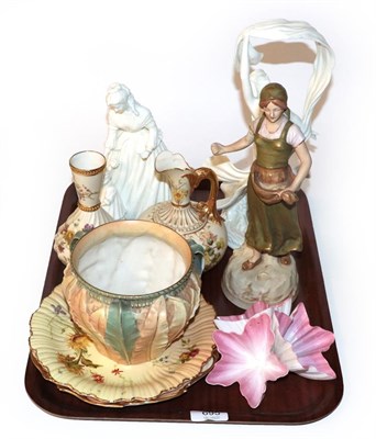 Lot 695 - Five Royal Worcester blush ivory ceramics, Royal Dux figure and two royal Worcester figures...