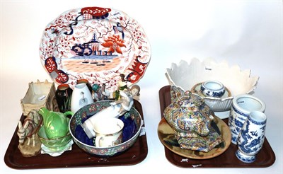 Lot 696 - Royal Dux donkey and cart, Wade teapot on stand, Maling bowl, Volkstedt figure, meat plate etc