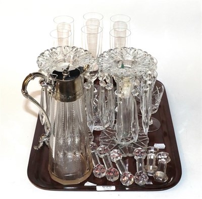 Lot 698 - A tray of glass including 19th century table lustres, knife rests, claret jug etc