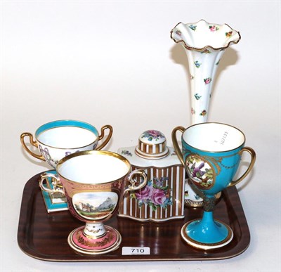 Lot 710 - Two Minton floral painted white glazed trumpet vases, a Dresden caddy and a porcelain twin...