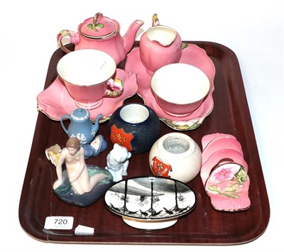 Lot 720 - A Royal Winton pink and floral tea set, a G Hill Pottery Wemyss pedestal dish, two crested ware...