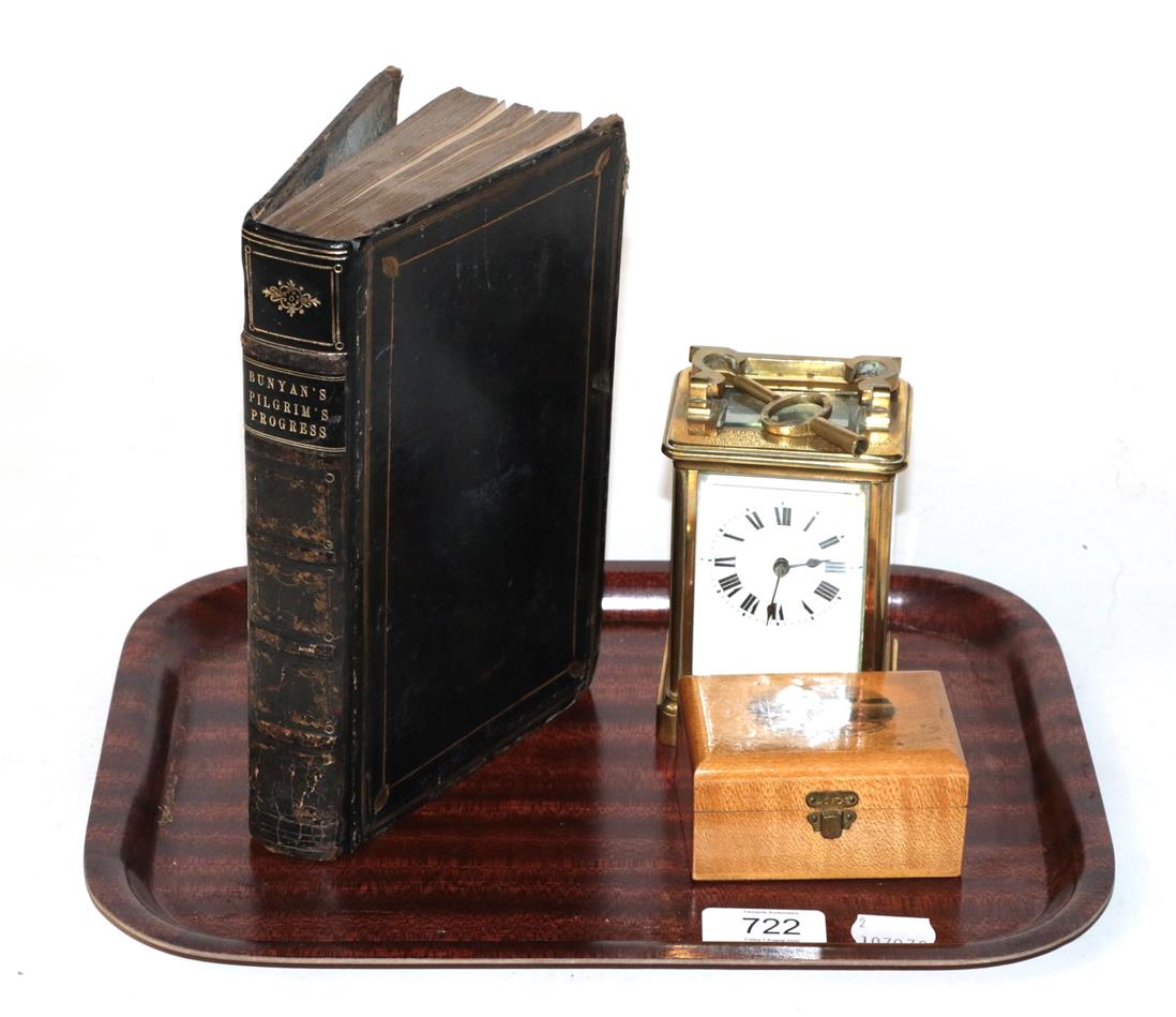 Lot 722 - A brass carriage timepiece, Mauchline ware box and The Pilgrims Progress by John Bunyan,...